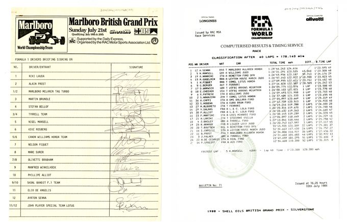 Ayrton Senna's handtekening op het Drivers Briefing Signing On formulier voorafgaand aan de 1985 Britse Grand Prix en het offici�le Race Result Sheet van Senna's overwinning in 1988