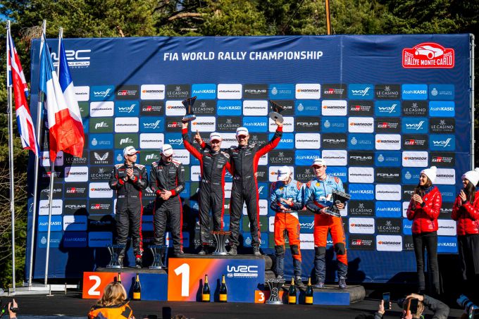 Rally Monte Carlo 2025 Foto 4 Sbastien Ogier en Vincent Landais podium - Toyota GR YARIS Rally1 (Foto: Red Bull Content Pool)