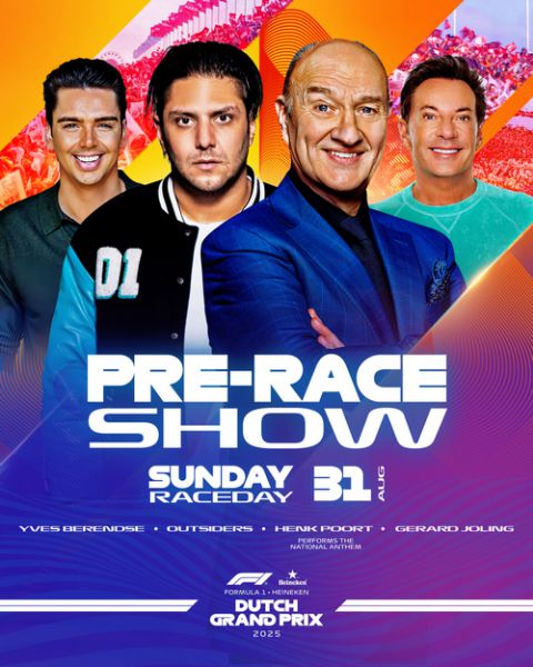 #F1 Formula 1 Heineken Dutch Grand Prix! vlnr: Yves Berendse, Outsiders, Henk Poort, Gerard Joling