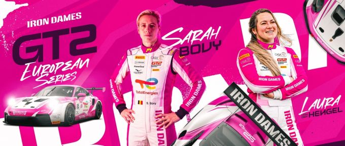 Sarah Bovy en Laura van den Hengel in GT2 European Series met een Porsche 992.1 Cup in de iconische kleuren van Iron Dames